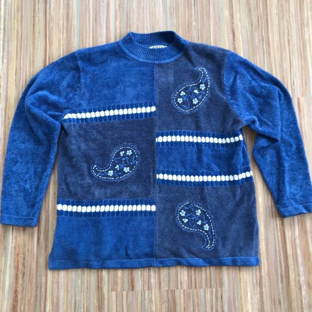 Moffi Chenille Mock Neck Pullover Sweater Paisley Embroidery & Beaded Pattern